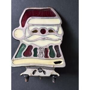 Vintage Christmas Santa Claus Cast Iron Votive Tea Light Holder Stained Glass